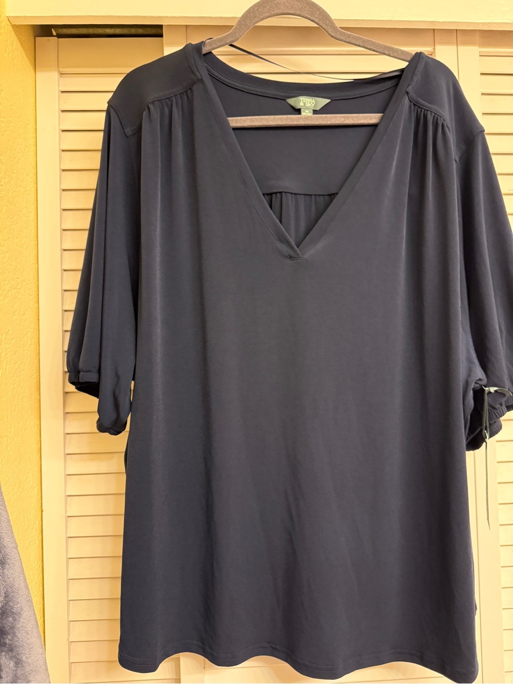 Terra & Sky Navy V-Neck Classy Elbow Sleeve Blouse Women’s Sz 4X Brand New